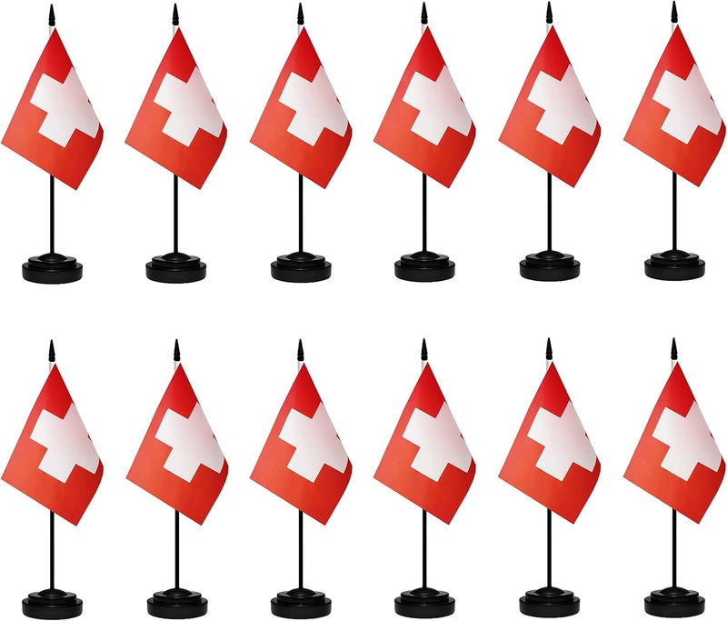 tibijoy Switzerland Flags Swiss Small Mini Desk Flags Set (12 Pack) - Red-White, 8.2" x 5.5" (W x L), Fade Resistant, Perfect Patriotic Decoration for Home, Office - Image 1